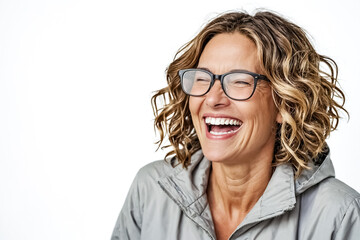 Wall Mural - Woman laughing in glasses with a white background