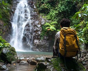 Poster - Hiker Resting by a Refreshing Waterfall in Lush Green Wilderness