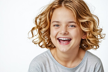 Wall Mural - Portrait of a happy young girl with blonde curly hair