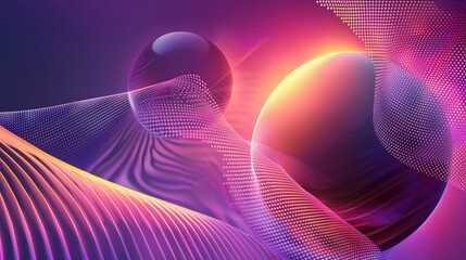 Poster - Vibrant abstract design featuring luminous spheres and dynamic wave patterns in a purple and orange color palette.