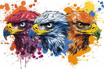 Canvas Print - Three Eagles in Colorful Splashes.