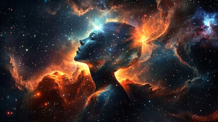 Wall Mural - Cosmic Consciousness: A woman's profile emerges from a swirling nebula, her face illuminated by the cosmic energy of the universe, symbolizing the interconnectedness of all things.  