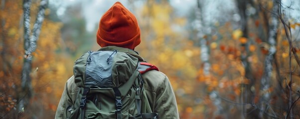 Poster - Hiker Observing Wildlife in Vibrant Autumn Forest Landscape