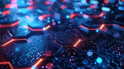 Poster - Vibrant hexagonal patterns in blue and red, showcasing a futuristic digital technology landscape with glowing elements.