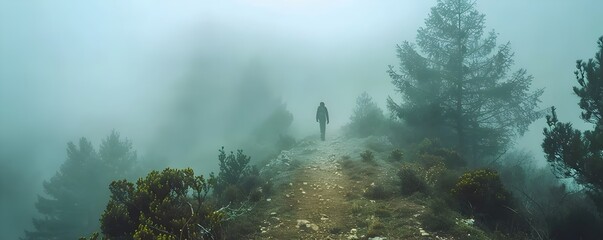 Canvas Print - Hiker on Misty Trail in Ethereal Forest Hiking Concept with Copy Space