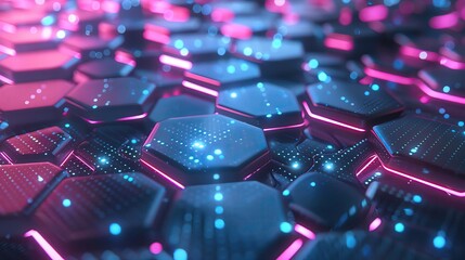 Poster - Vibrant hexagonal pattern with glowing neon lights. A futuristic design showcasing intricate details and dynamic shapes.