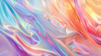Poster - A vibrant, iridescent fabric texture with flowing waves of pastel colors creating a dreamy and artistic backdrop.