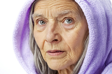 Wall Mural - Closeup Portrait of Senior Woman Wearing a Purple Hoodie