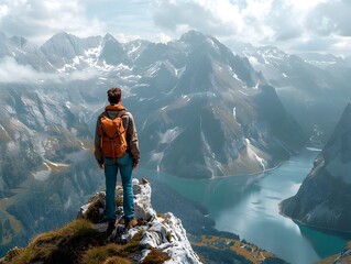 Poster - Hiker Exploring Majestic Mountain Panorama in Serene Wilderness Landscape