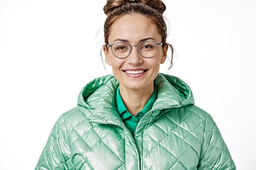 Poster - Portrait of a smiling woman wearing glasses and a green jacket