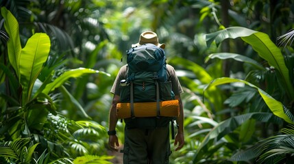 Canvas Print - Intrepid Hiker Navigates Lush Jungle Landscape with Exotic Foliage and Adventurous Spirit