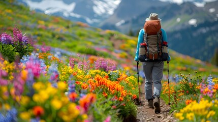 Poster - Hiker Trekking on Vibrant Wildflower Laden Trail in Scenic Mountain Landscape