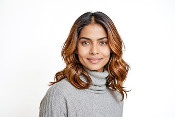 Poster - Young woman in a grey sweater smiling