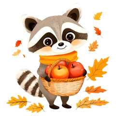 Wall Mural - autumn raccoon with apple basket