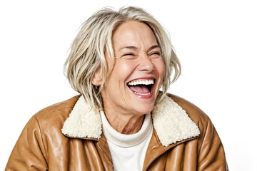 Canvas Print - Happy Mature Woman Laughing in Brown Leather Jacket