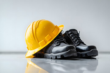 Safety equipment with yellow head protection and shoes on a white floor and a background