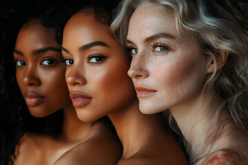 Photo featuring three women with diverse skin tones, freckles, and hair textures, styled for an advertising campaign with a minimalist background and neutral color palette