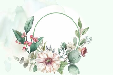 Watercolor arrangements botanical flower and bouquets spring floral leaves with round frame illustration on a white background with copy space for text