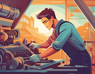 A focused man works on an engine in a sunlit workshop filled with tools and mechanical parts, showcasing the precision and dedication of a craftsman