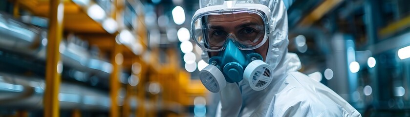 Poster - Worker in Protective Gear at Chemical Plant Ensuring Safety and Precision in Industrial Concept