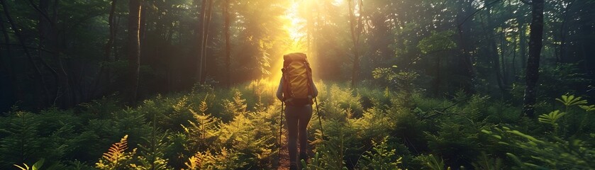 Sticker - Hiker Trekking Through Lush Forest with Sunlight Filtering Through Trees