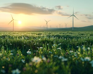 Canvas Print - Wind Turbine Field with Blooming Wildflowers at Sunset Showcasing Renewable Energy Concept