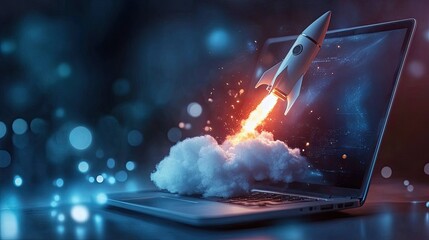 rocket launching from a laptop screen, symbolizing innovation and creativity, set against a dynamic 