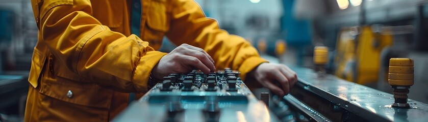 Poster - Factory Worker Operating Machinery with Detailed Controls Focused on Profession