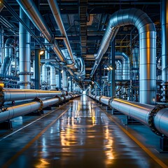 Poster - intricate chemical plant interior with interconnected pipework and tanks complex industrial concept