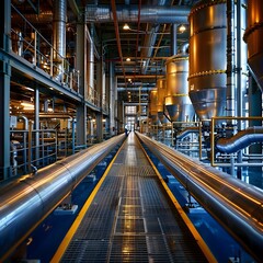 Poster - complex chemical plant interior with pipes and tanks industrial manufacturing concept