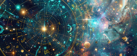 abstract bright fantasy space with zodiac signs, galaxy and stars, astrological wheel against dreaml