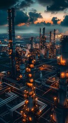 Poster - Intricate and Vast Industrial Complex at Dusk with Powerful and Detailed Cityscape Lights