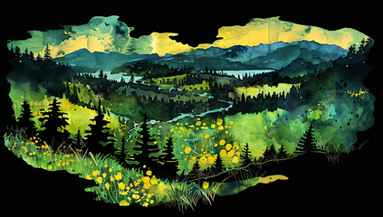 Sticker - Watercolor Landscape with Mountain Range and Lake.