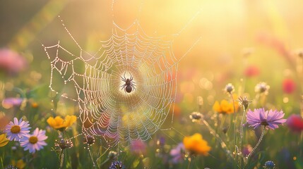Spider on a Web with Sunlit Meadow