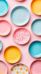 Poster - A high-detail flat lay of minimal geometric patterns in soft pastel colors showcasing abstract design elements in a harmonious composition Stock Photo with copy space
