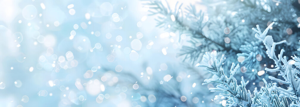 Christmas winter blurred background. Xmas tree with snow decorated with garland lights, holiday festive background. Widescreen backdrop. New Year winter art design, widescreen holiday border design