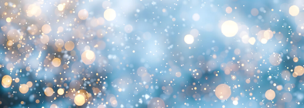 Christmas winter blurred background. Xmas tree with snow decorated with garland lights, holiday festive background. Widescreen backdrop. New Year winter art design, widescreen holiday border design