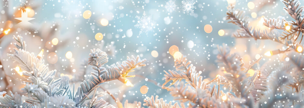 Christmas winter blurred background. Xmas tree with snow decorated with garland lights, holiday festive background. Widescreen backdrop. New Year winter art design, widescreen holiday border design