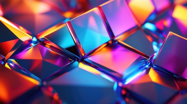 Dynamic 3D background with bright geometric shapes and light reflections, vivid and playful design