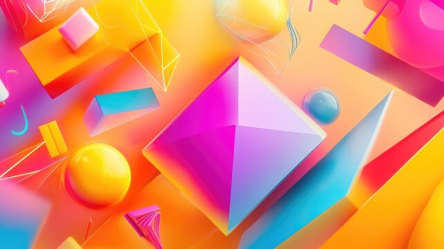 Dynamic 3D background with bright geometric shapes and light reflections, vivid and playful design