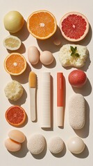 Poster - Abstract flat lay of high-detail minimal geometric shapes in pastel hues presenting a refined and elegant design Stock Photo with copy space
