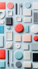 Poster - Minimal geometric shapes in a detailed flat lay composition using pastel colors to form a modern and abstract design Stock Photo with copy space