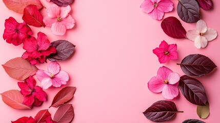 Poster - High-detail flat lay of leaves and flowers in pastel tones arranged with clean lines to create a minimal and elegant composition Stock Photo with copy space