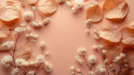 Aufkleber - Detailed minimal flat lay featuring pastel-toned leaves and flowers with precise clean lines for a refined and modern design Stock Photo with copy space