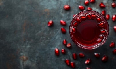 Wall Mural - A glass of rich pomegranate juice with scattered pomegranate seeds.