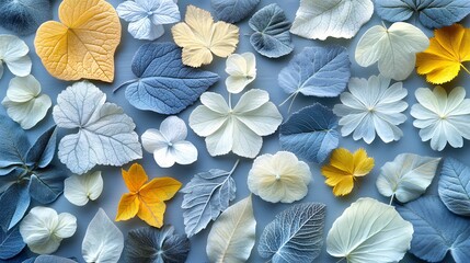 Poster - High-detail flat lay of pastel-toned leaves and flowers arranged with precise clean lines for a minimal and stylish composition Stock Photo with copy space