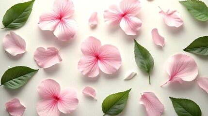 Wall Mural - Detailed minimal flat lay of leaves and flowers in pastel tones with clean lines for an elegant and contemporary design Stock Photo with copy space