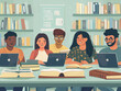 © tisomboon - A diverse group of five students study together at a table in a library. They use laptops and are surrounded by open books and bookshelves