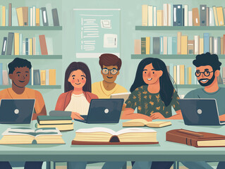 A diverse group of five students study together at a table in a library. They use laptops and are surrounded by open books and bookshelves