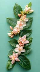 Poster - High-detail flat lay of leaves and flowers in pastel tones arranged with clean lines to create a minimal and elegant composition Stock Photo with copy space